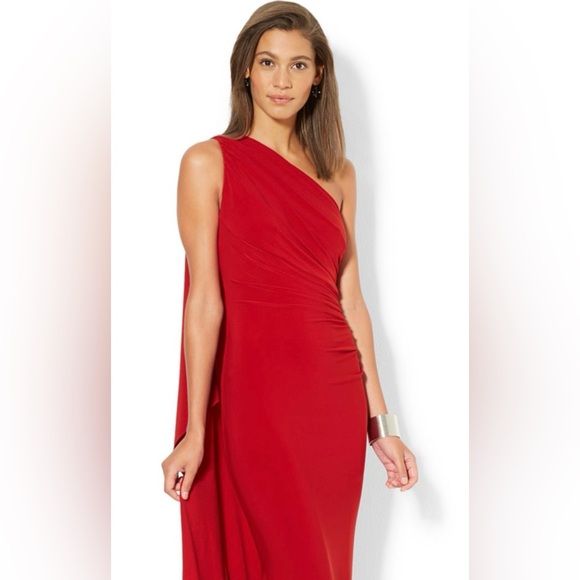 Ralph Lauren One-Shoulder cape for,Al Dress in Vibrant Red - Picture 2 of 10